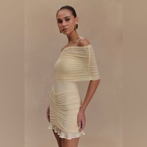 NWT MESHKI Caspian Slinky And Mesh Off Shoulder Mini Dress - Ivory